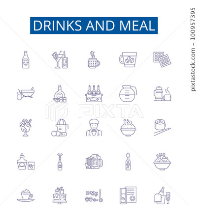 Drinks and meal line icons signs set. Design collection of Beverages, Food, Dining, Soda, Beer, Cuisine, Juice, Cocktails outline concept vector illustrations Drinks and meal line icons signs set. Design collection of Beverages, Food, Dining, Soda, Beer, Cuisine, Juice, Cocktails outline concept vector illustrations 100957395