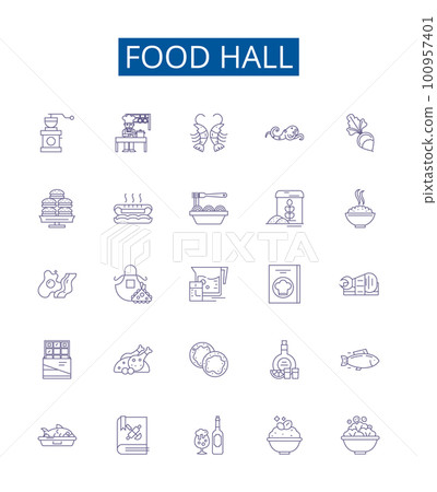 Food hall line icons signs set. Design collection of Cafeteria, Delicatessen, Restaurant, Bistro, Eatery, Stall, Cuisine, Deli outline concept vector illustrations 100957401