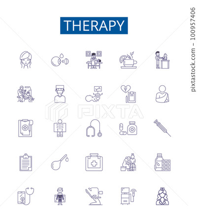 Therapy line icons signs set. Design collection of Therapy, Counseling, Psychotherapy, Psychodrama, Art, Music, Cognitive, Hypnotherapy outline concept vector illustrations Therapy line icons signs set. Design collection of Therapy, Counseling, Psychotherapy, Psychodrama, Art, Music, Cognitive, Hypnotherapy outline concept vector illustrations 100957406