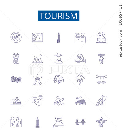 Tourism line icons signs set. Design collection of Travel, Sightseeing, Holiday, Vacation, Adventure, Hotels, Exploring, Trips outline concept vector illustrations 100957411