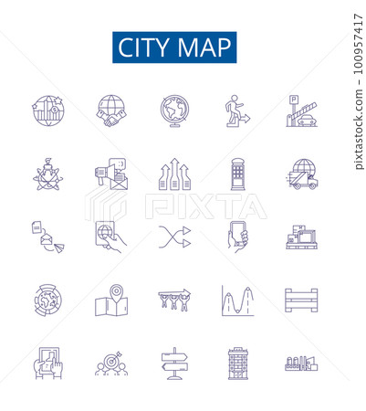 City map line icons signs set. Design collection of City, Map, Urban, Town, Geography, Chart, Plan, Guide outline concept vector illustrations 100957417
