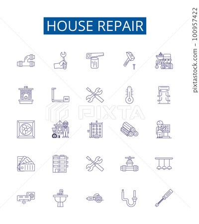 House repair line icons signs set. Design collection of Housekeeping, Plumbing, Painting, Tiling, Carpentry, Roofing, Caulking, Insulation outline concept vector illustrations 100957422