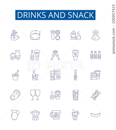 Drinks and snack line icons signs set. Design collection of Cuisine, Diet, Baking, Feasting, Gourmet, Nourishment, Banquet, Savoring outline concept vector illustrations 100957425