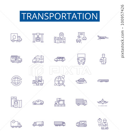 Transportation line icons signs set. Design collection of Transport, Travel, Shuttle, Taxi, Ride, Plane, Ferry, Ship outline concept vector illustrations 100957426