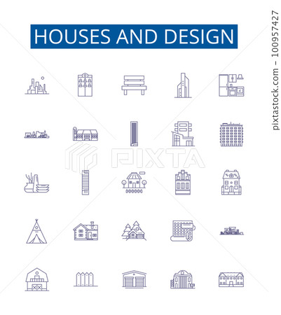Houses and design line icons signs set. Design collection of Architecture, Structures, Interiors, Planning, Estates, Dwellings, Plans, Style outline concept vector illustrations 100957427