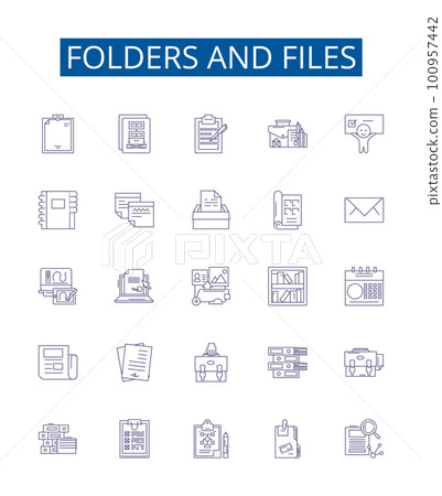 Folders and files line icons signs set. Design collection of folders, files, organization, storage, backup, archive, retrieval, sharing outline concept vector illustrations 100957442