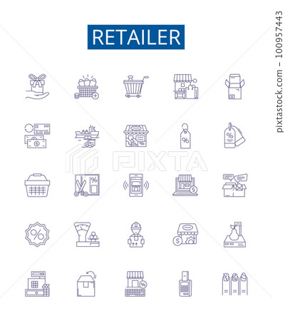 Retailer line icons signs set. Design collection of Merchant, Seller, Outlet, Dealer, Trader, Store, Shop, Boutique outline concept vector illustrations 100957443