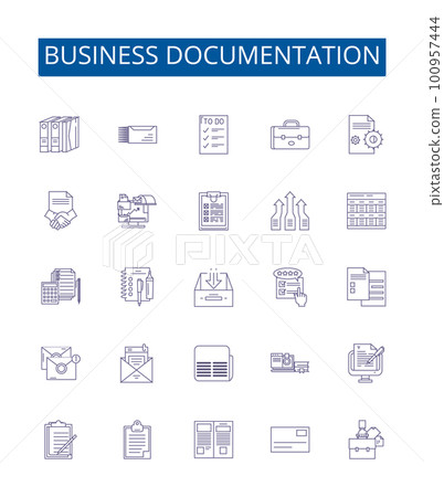 Business documentation line icons signs set. Design collection of Business, Documentation, Reports, Policies, Guidelines, Contracts, Agreements, Procedures outline concept vector illustrations Business documentation line icons signs set. Design collection of Business, Documentation, Reports, Policies, Guidelines, Contracts, Agreements, Procedures outline concept vector illustrations 100957444