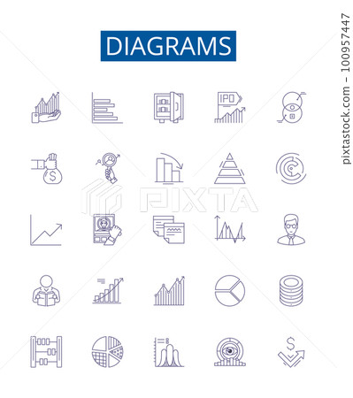 Diagrams line icons signs set. Design collection of Graphs, Charts, Maps, Plots, Tables, Images, Flowcharts, Models outline concept vector illustrations Diagrams line icons signs set. Design collection of Graphs, Charts, Maps, Plots, Tables, Images, Flowcharts, Models outline concept vector illustrations 100957447