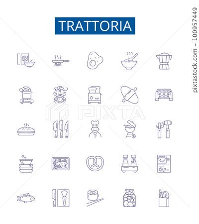 Trattoria line icons signs set. Design collection of Restaurant, Italian, Pizza, Pasta, Cuisine, Trattoria, Lunch, Dinner outline concept vector illustrations 100957449
