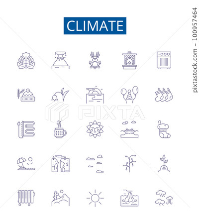 Climate line icons signs set. Design collection of Weather, Temperature, Clouds, Humidity, Climate, Rainfall, Climate change, Wind outline concept vector illustrations 100957464