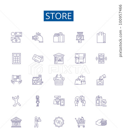 Store line icons signs set. Design collection of Shop, Market, Marketplace, Boutique, Storefront, Department, Outlet, Retailer outline concept vector illustrations Store line icons signs set. Design collection of Shop, Market, Marketplace, Boutique, Storefront, Department, Outlet, Retailer outline concept vector illustrations 100957466