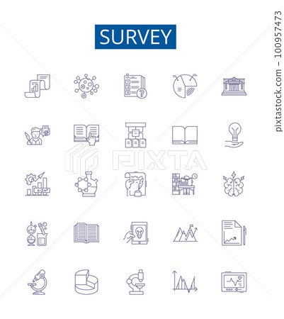 Survey line icons signs set. Design collection of Questionnaire, Poll, Research, Assessment, Data, Study, Analysis, Inquiry outline concept vector illustrations 100957473