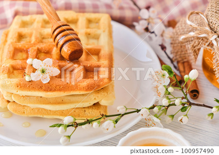 Honey pouring on a fresh Belgian waffles. Honey pouring on a fresh Belgian waffles. 100957490