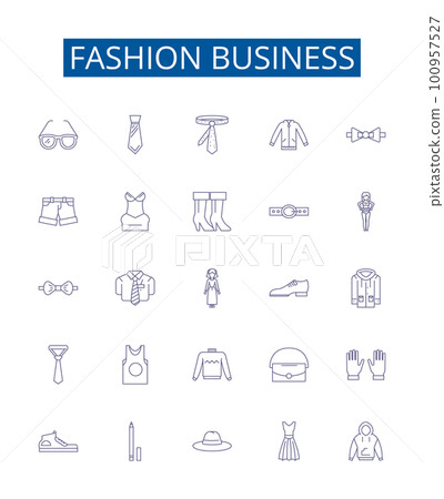 Fashion business line icons signs set. Design collection of Style, Apparel, Retail, Branding, Garment, Textiles, Clothing, Luxury outline concept vector illustrations 100957527
