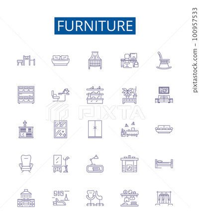 Furniture line icons signs set. Design collection of Chair, Table, Desk, Couch, Sofa, Bed, Unit, Ottoman outline concept vector illustrations Furniture line icons signs set. Design collection of Chair, Table, Desk, Couch, Sofa, Bed, Unit, Ottoman outline concept vector illustrations 100957533