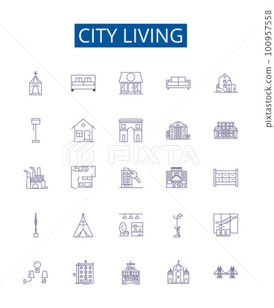 City living line icons signs set. Design collection of Urban, metropolis, cosmopolis, sprawling, dense, congested, hustle, bustle outline concept vector illustrations 100957558