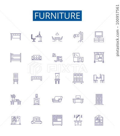 Furniture line icons signs set. Design collection of Chair, Table, Desk, Couch, Sofa, Bed, Unit, Ottoman outline concept vector illustrations Furniture line icons signs set. Design collection of Chair, Table, Desk, Couch, Sofa, Bed, Unit, Ottoman outline concept vector illustrations 100957561