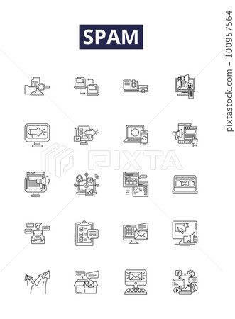 Spam line vector icons and signs. Junk, Unwanted, Filtered, Bot, Blacklist, Phishing, Malicious, Adverts outline vector illustration set Spam line vector icons and signs. Junk, Unwanted, Filtered, Bot, Blacklist, Phishing, Malicious, Adverts outline vector illustration set 100957564