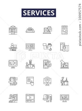 Services line vector icons and signs. Providing, Offering, Facilitating, Supporting, Consulting, Maintaining, Collaborating, Answering outline vector illustration set 100957574