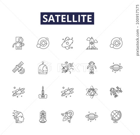 Satellite line vector icons and signs. orbit, launch, space, tracking, planetary, geo-, micro-, astral outline vector illustration set 100957575