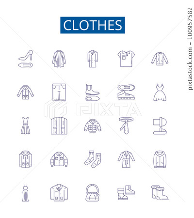 Clothes line icons signs set. Design collection of Garment, Outfit, Apparel, Clothing, Dress, Suit, Shawl, Skirt outline concept vector illustrations 100957582