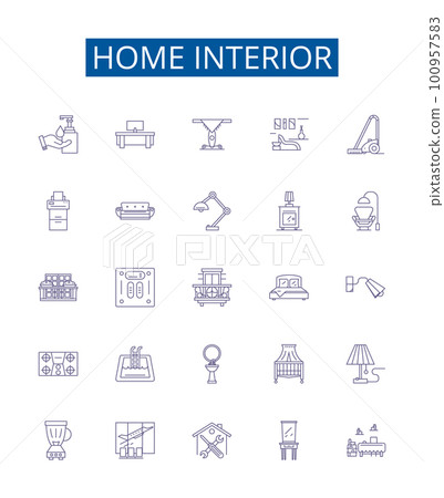 Home interior line icons signs set. Design collection of Decor, Furnishings, Design, Lighting, Renovation, Wallpaper, Carpet, Flooring outline concept vector illustrations 100957583