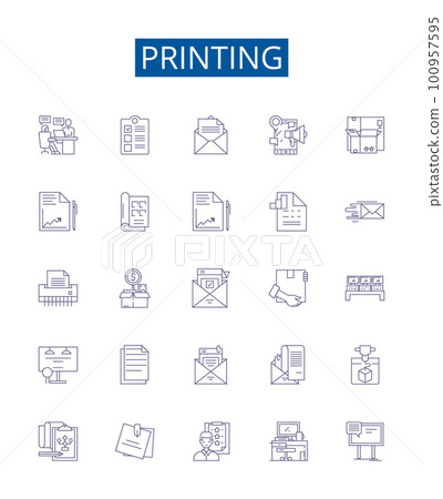 Printing line icons signs set. Design collection of Printing, Ink, Paper, Laser, Press, Colour, Machine, Digital outline concept vector illustrations 100957595