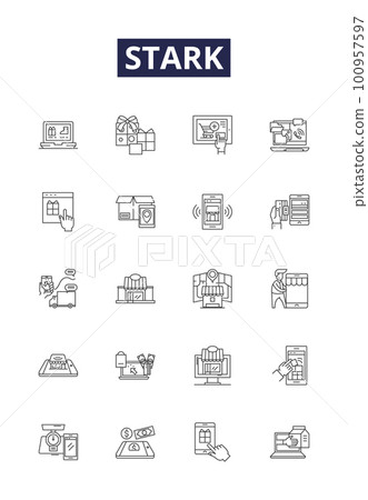Stark line vector icons and signs. Rigid, Sharp, Defined, Severe, Bold, Clear, Hard, Harsh outline vector illustration set 100957597