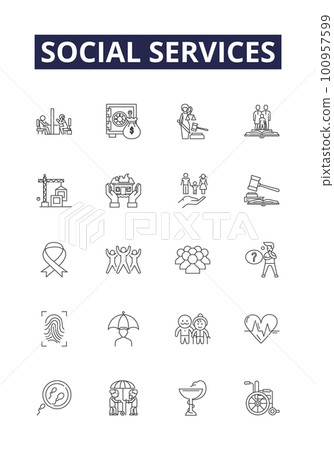 Social services line vector icons and signs. Services, Care, Advocacy, Assistance, Counseling, Education, Health,Rehabilitation outline vector illustration set Social services line vector icons and signs. Services, Care, Advocacy, Assistance, Counseling, Education, Health,Rehabilitation outline vector illustration set 100957599