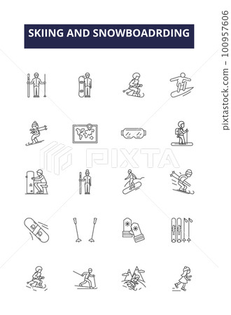 Skiing and snowboadrding line vector icons and signs. Snowboarding, Slalom, Moguls, Freestyle, Alpine, Racing, Glade, Jumping outline vector illustration set 100957606
