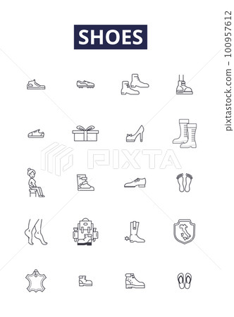Shoes line vector icons and signs. Footwear, Heels, Flats, Pumps, Sandals, Sneakers, Loafers, Slippers outline vector illustration set 100957612