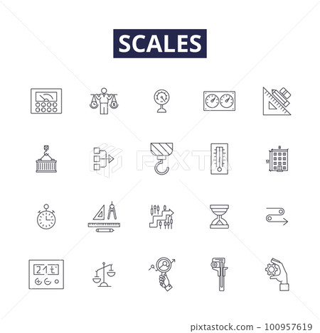 Scales line vector icons and signs. Ruler, Measurement, Metric, Dial, Weigh, Calibrate, Precision, Quantify outline vector illustration set 100957619