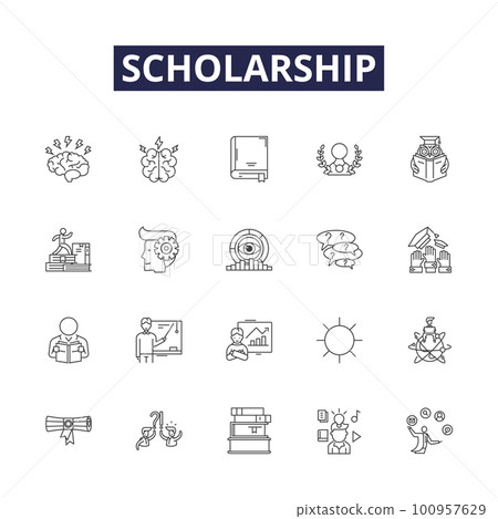 Scholarship line vector icons and signs. Award, Fund, Subsidy, Bursary, Endowment, Prize, Stipend, Financing outline vector illustration set 100957629