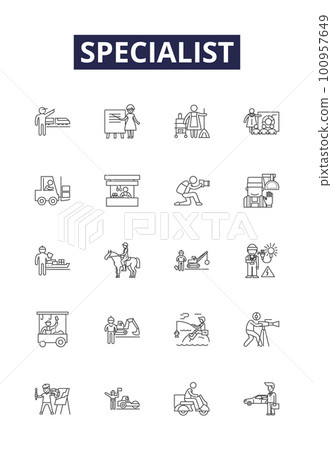 Specialist line vector icons and signs. Authority, Professional, Consultant, Advisor, Technician, Tactician, Guru, Maestro outline vector illustration set Specialist line vector icons and signs. Authority, Professional, Consultant, Advisor, Technician, Tactician, Guru, Maestro outline vector illustration set 100957649