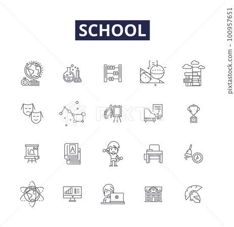 School line vector icons and signs. Education, Teacher, Learning, Textbook, Grade, Course, Diploma, Campus outline vector illustration set School line vector icons and signs. Education, Teacher, Learning, Textbook, Grade, Course, Diploma, Campus outline vector illustration set 100957651