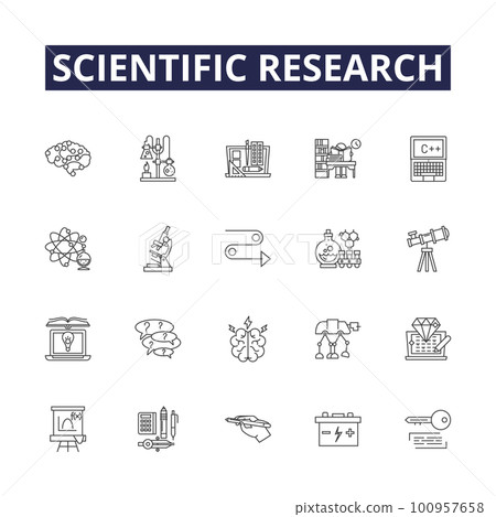 Scientific research line vector icons and signs. Experiments, Discovery, Study, Analysis, Process, Exploration, Examination, Development outline vector illustration set 100957658