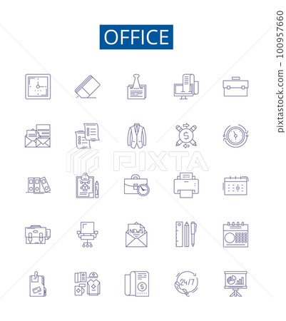 Office line icons signs set. Design collection of Office, Desk, Chair, Computer, Printer, Filing, Supplies, Stationery outline concept vector illustrations Office line icons signs set. Design collection of Office, Desk, Chair, Computer, Printer, Filing, Supplies, Stationery outline concept vector illustrations 100957660