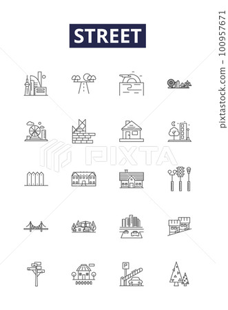Street line vector icons and signs. urban, road, background, building, city, architecture, modern,outdoor outline vector illustration set 100957671