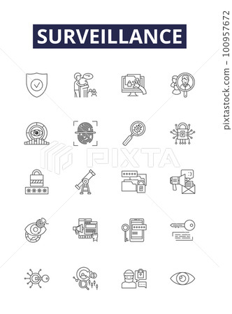 Surveillance line vector icons and signs. Observation, Supervision, Tracking, Watch, Scanning, Oversight, Guarding, Shadowing outline vector illustration set 100957672