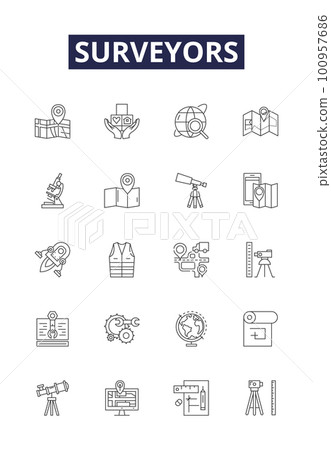 Surveyors line vector icons and signs. Mapping, Geologists, Survey, Measurement, Surveying, Geomatics, Civil, Cartography outline vector illustration set Surveyors line vector icons and signs. Mapping, Geologists, Survey, Measurement, Surveying, Geomatics, Civil, Cartography outline vector illustration set 100957686