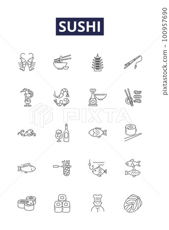 Sushi line vector icons and signs. Cuisine, Rice, Japan, Nori, Rolls, Maki, Sashimi, Fish outline vector illustration set 100957690