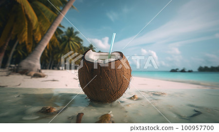 cocktail exotic coconut on the beach near the sea .Generative AI 100957700