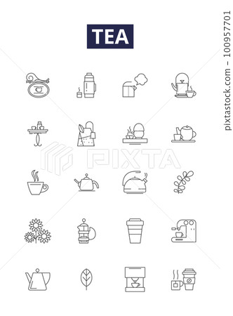 Tea line vector icons and signs. Herbal, Green, Iced, Jasmine, Earl, Grey, Oolong, Pu-erh outline vector illustration set 100957701