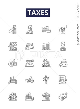 Taxes line vector icons and signs. Duty, Rate, Payable, Obligation, Assessment, Tribute, Toll, Imposed outline vector illustration set 100957709