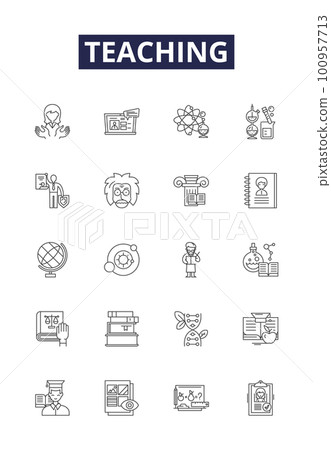 Teaching line vector icons and signs. Educating, Mentoring, Coaching, Tutoring, Guiding, Lecturing, Ally-modelling, Training outline vector illustration set Teaching line vector icons and signs. Educating, Mentoring, Coaching, Tutoring, Guiding, Lecturing, Ally-modelling, Training outline vector illustration set 100957713