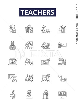 Teachers line vector icons and signs. Educator, Tutor, Facilitator, Lecturer, Mentor, Professor, Guide, outline vector illustration set Teachers line vector icons and signs. Educator, Tutor, Facilitator, Lecturer, Mentor, Professor, Guide, outline vector illustration set 100957714