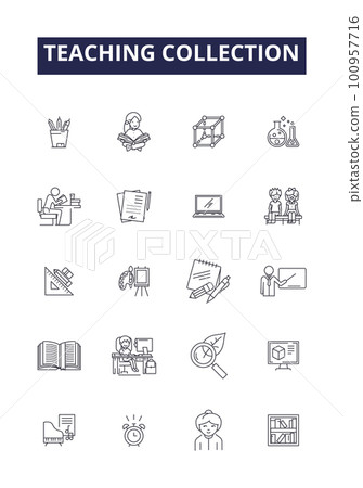 Teaching collection line vector icons and signs. Tutoring, Educating, Guiding, Schooling, Coaching, Lecturing, Mentoring, Examining outline vector illustration set Teaching collection line vector icons and signs. Tutoring, Educating, Guiding, Schooling, Coaching, Lecturing, Mentoring, Examining outline vector illustration set 100957716