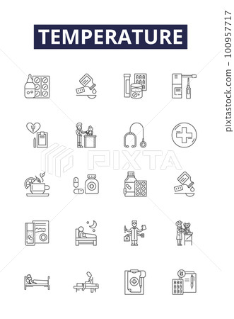 Temperature line vector icons and signs. Cold, Degree, Celsius, Fahrenheit, Warmth, Humidity, Thermometer, Boiling outline vector illustration set Temperature line vector icons and signs. Cold, Degree, Celsius, Fahrenheit, Warmth, Humidity, Thermometer, Boiling outline vector illustration set 100957717