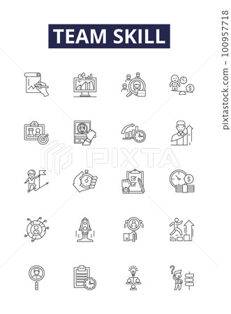 Team skill line vector icons and signs. problem-solving, communication, adaptability, organization, creativity, planning, leadership, motivation outline vector illustration set Team skill line vector icons and signs. problem-solving, communication, adaptability, organization, creativity, planning, leadership, motivation outline vector illustration set 100957718